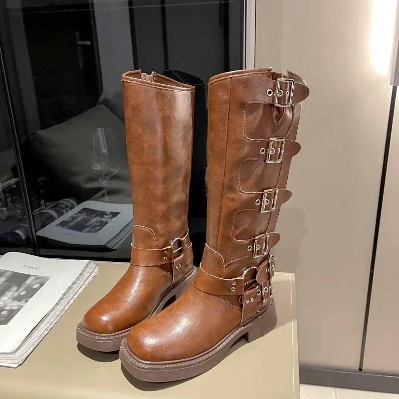 Womens denim boots retro square shoes high boots metal belt buckles riding boots fashion womens shoes 240823