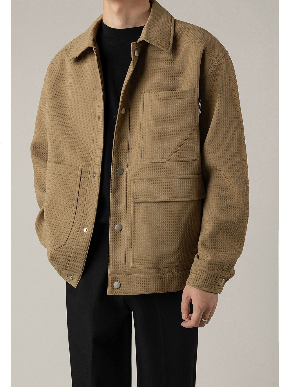 Spring and Autumn New Waffle Workwear Jacket Mens Korean Version Light Mature Style Mens Loose and High-end Casual Jacket