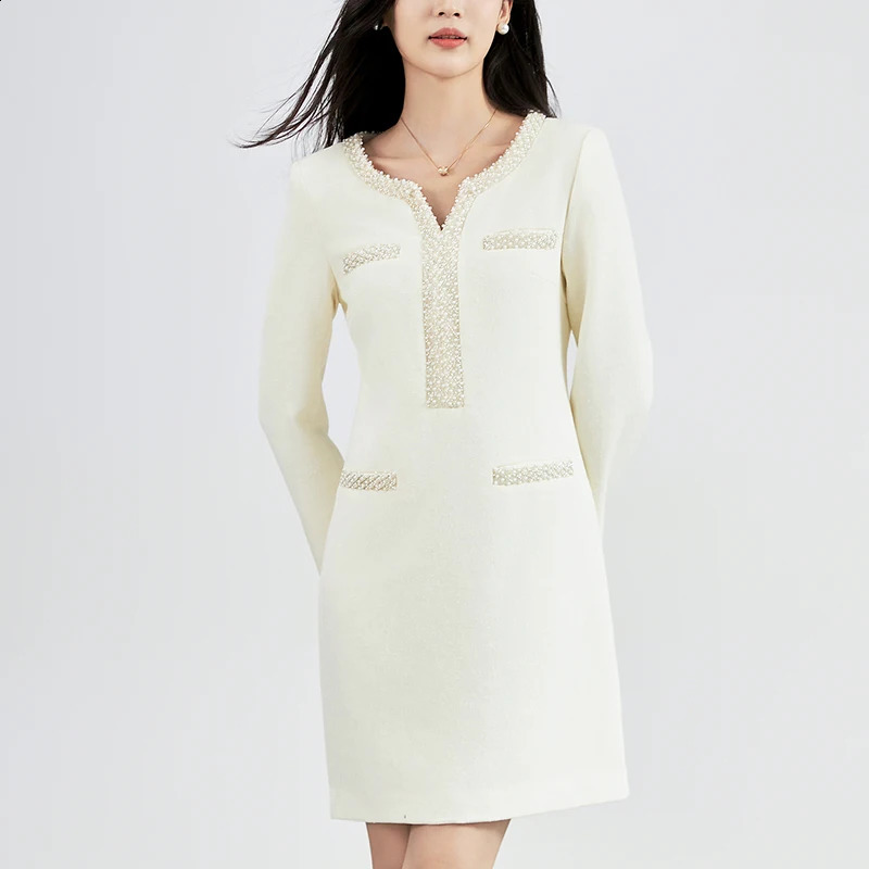 Elegant Fashion Dresses For Women Autumn Winter Womens Clothing Beading V-neck Long Sleeve Office Lady Wool Tweed Dress 240824