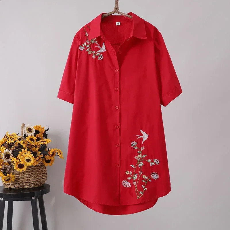 Feather Embroidery Long Blouse Women Short Sleeve Art Loose Blue Blouses and Tops Button Down Shirts 240823