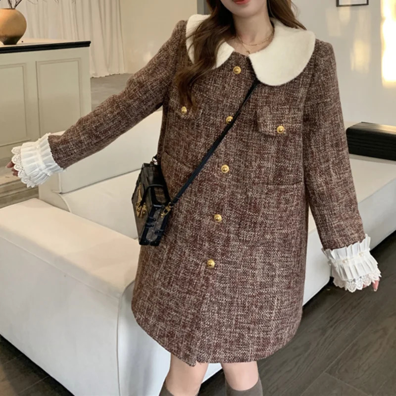 Tweed Doll Collar Loose Patchwork Dress Women Small Fragrance Thick Warm Elegant Chic Fashion French Female Long Sleeve Dress 240824
