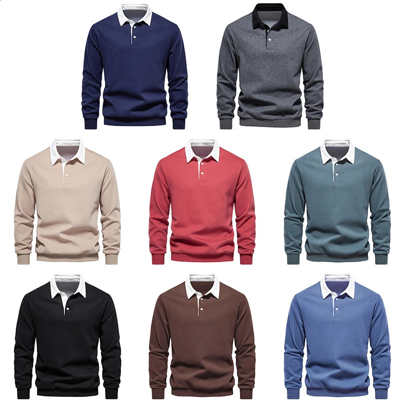 Mens Long-Sleeved Polo Shirt Solid Colour Lapel Sweatshirt Office Commuting Business Casual Pullover Fashion Sports T-Shirt 240824