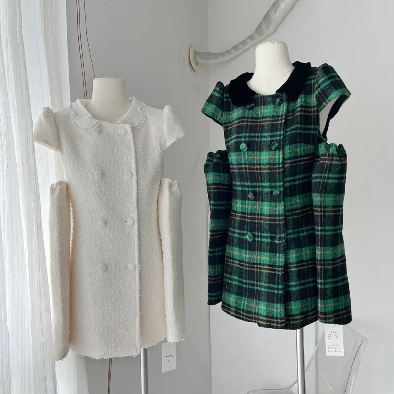 Doll Collar Small Fragrance Sweet White Dress Female Autumn Winter Puff Long Sleeve Detachable Green Plaid Women Tweed Dress 240824