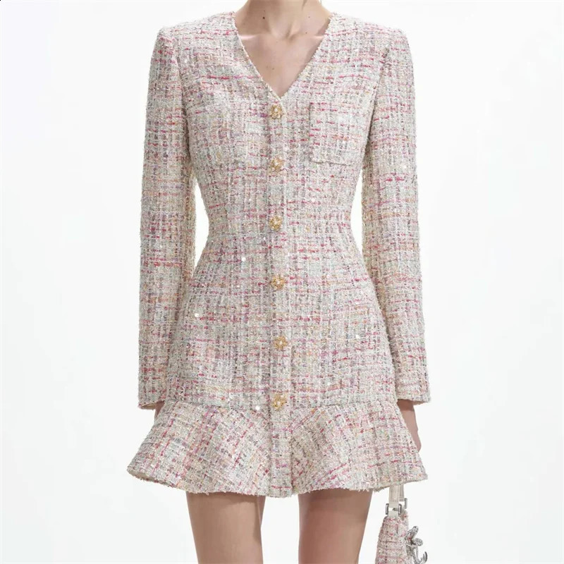 Womens dress Autumn Fashion Button Decorative Long Sleeve Mini Dress Colorful woven tweed Short dresses party dresses 240824