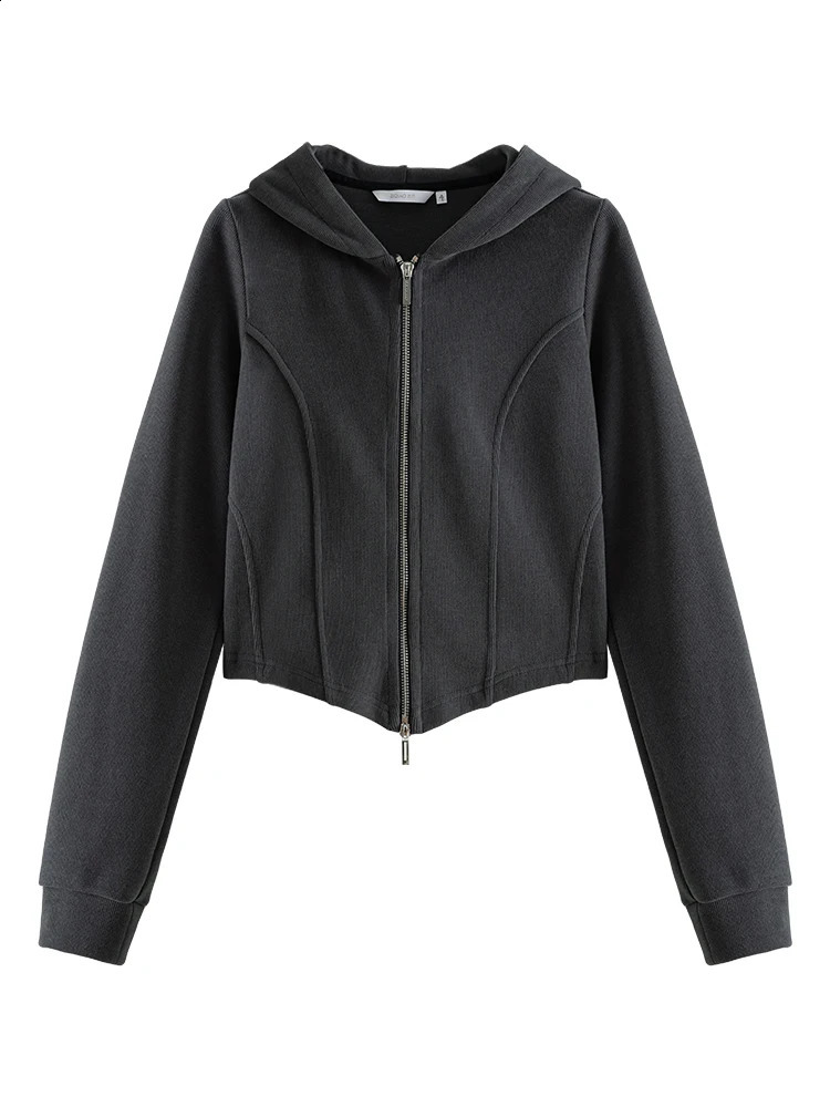 ZIQIAO Women Autumn Dark Grey Hoodies Double Zip Female Cropped Sweatshirt Jackets Short Simple Front Shoulder casual Tops 240824