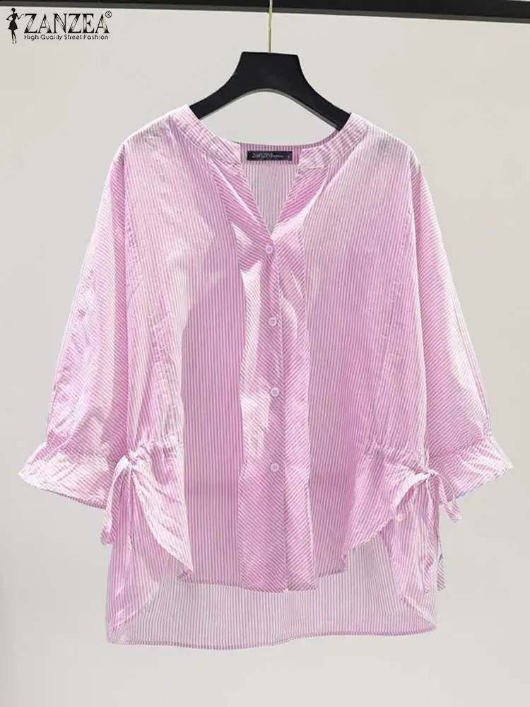 ZANZEA Women Striped Shirt Korean 3/4 Sleeve Blouse Fashion V Neck Buttons Shirt Drawstring Asymmetrical Tunic Casual Loose Tops 240823