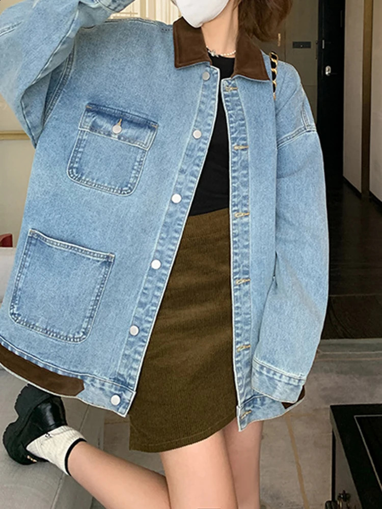 LANMREM Patchwork Denim Jacket Women Lapel Single Breasted Loose Oversized Coats Female Fashion Clothing Spring 2DA3708 240823