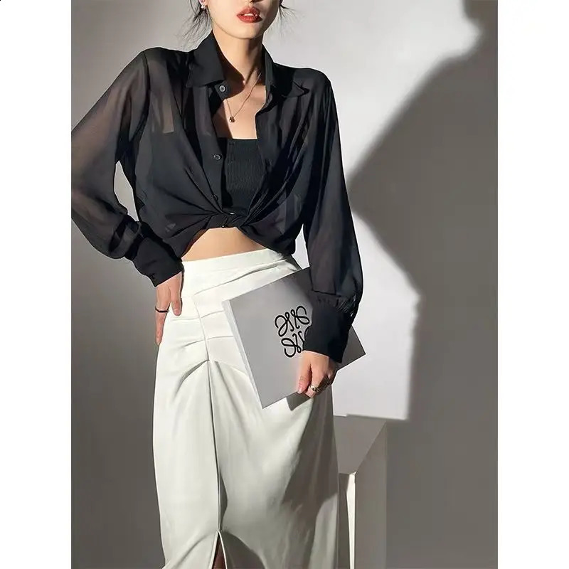Korean Fashion Cardigan Women Sun-proof Shirts Summer Long Sleeve Solid Color Loose Chiffon Blouse Elegant Ladies Blouses Trendy 240823