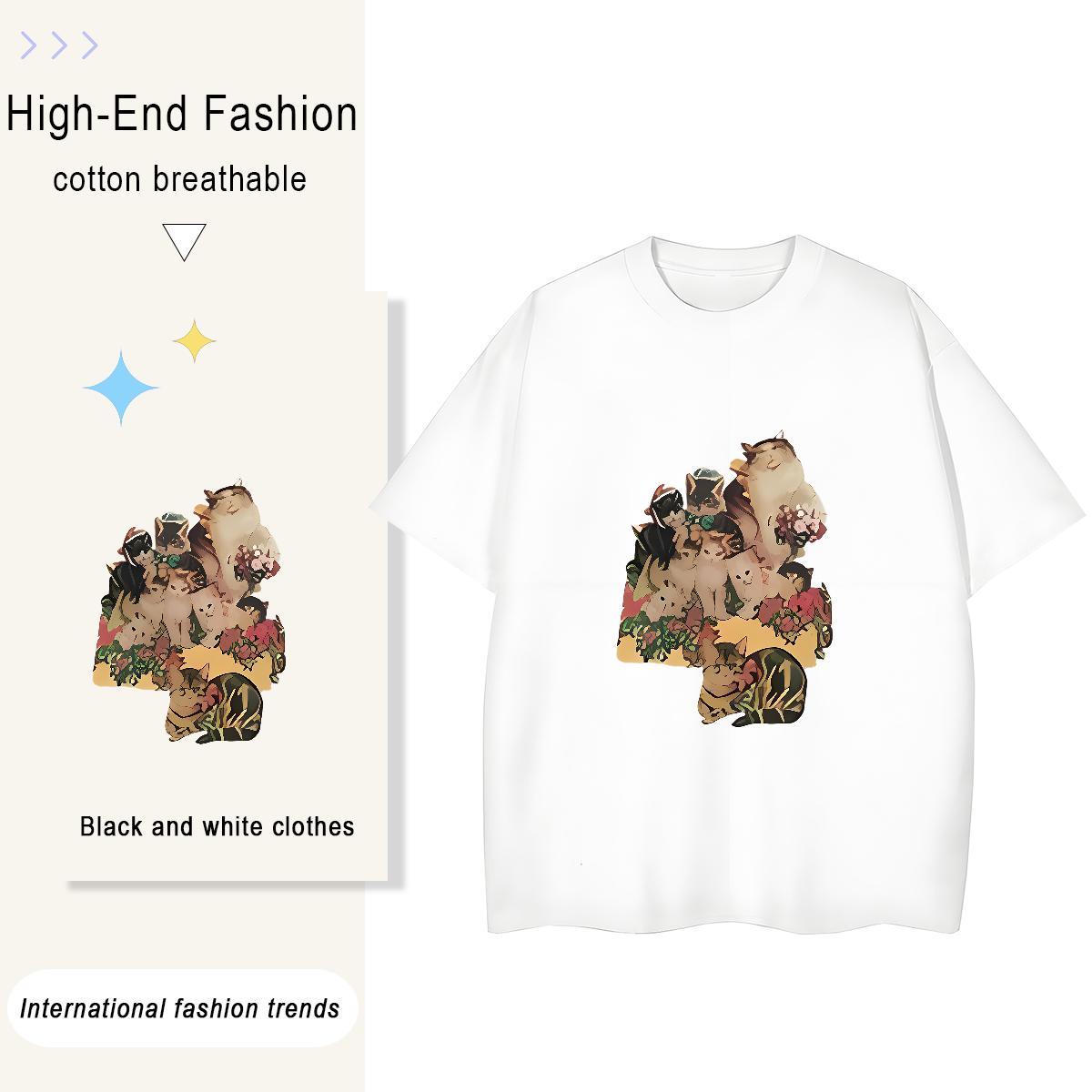 2024 Summer Men Tops Tees cat Street 230g Cotton Tees Shirts Short Sleeve O-Neck Comfortable Men T Shirts Asian Size