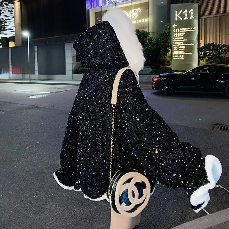 Womens Parkas Fashion Korean Winter Thick Glitter Solid Zipper Loose Full Sweet Keep Warm Girl Small Fresh 240823
