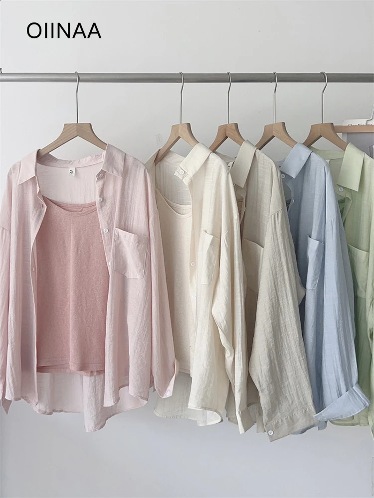 OIINAA Pink Shirts for Women Tops Turn-Down Collar Long Sleeve Loose Shirt Korean Style Casual Fashion Blouses Basic Summer 240823
