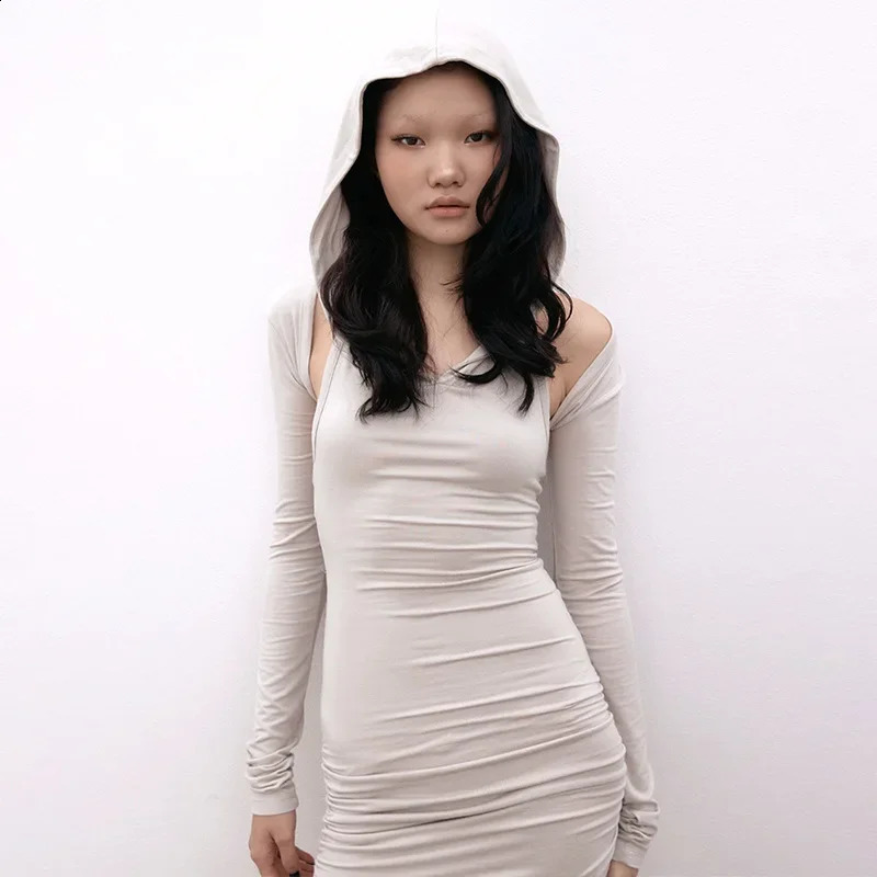 Cyber Y2k Punk Hooded Sexy Mini Dress 2 Piece Sets Gothic Techwear Shirring Bodycon Dress Women Long Sleeve Partywear 240823