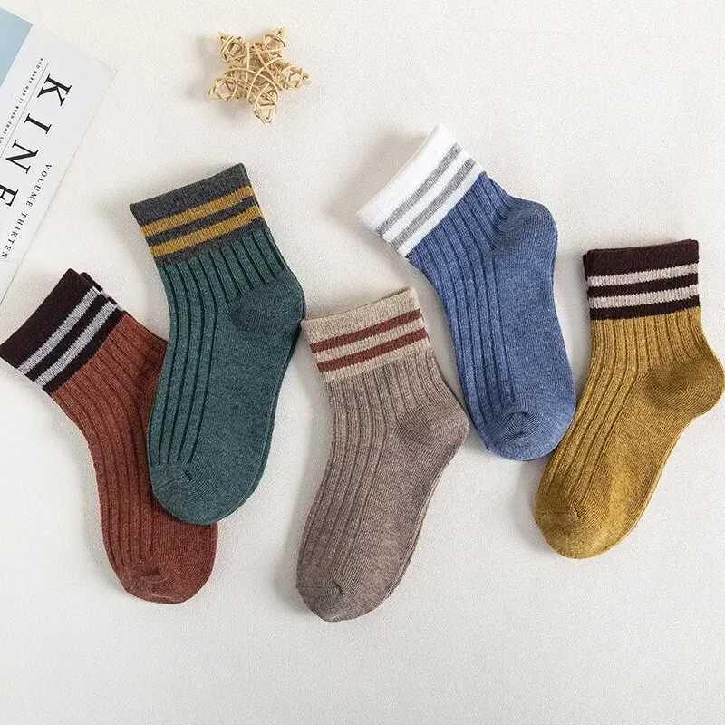 5Pairs/Lot Cartoon Stripe Kids Socks Casual Baby Girls Boys Cotton Spring Autumn Toddler Knitted Children Socks For 1-8Years CL240824