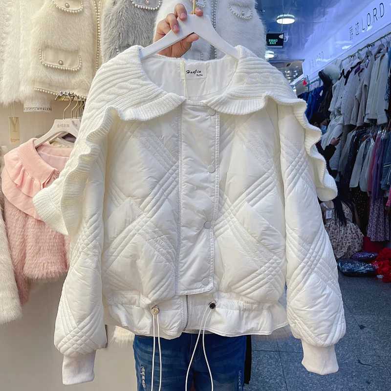 Women's Down Parkas KUSAHIKI New Autumn Winter Warm Woman Parkas Fashion Knitted Ruffled Collar Swt Jacket Women Korean Drawstring Parka Coat Y24