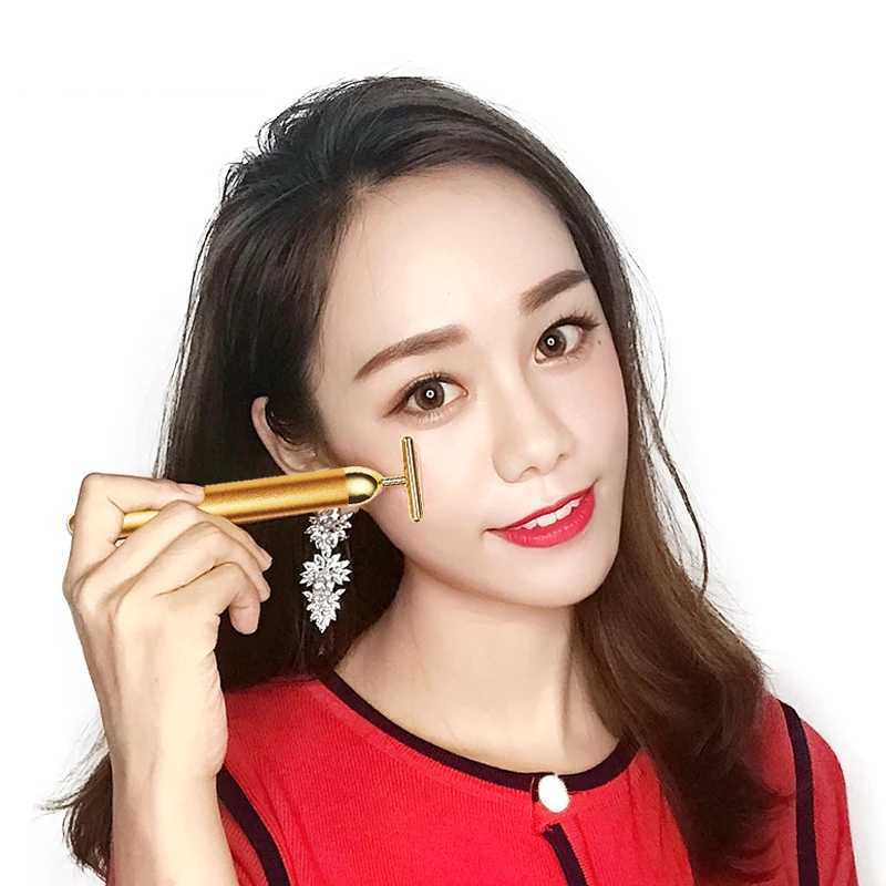 24k Gold Facial Wrinkle Lift Bar T-shaped Slimming Face Care Vibration Beauty Equipment Thin Facial Roller Massager Energy Bar CL240824