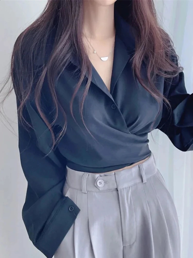OIINAA Solid Shirts for Women Tops Vintage Long Sleeve Slim Chic Short Casual V-Neck Blouse Irregular Summer Fashion Korean Top 240823