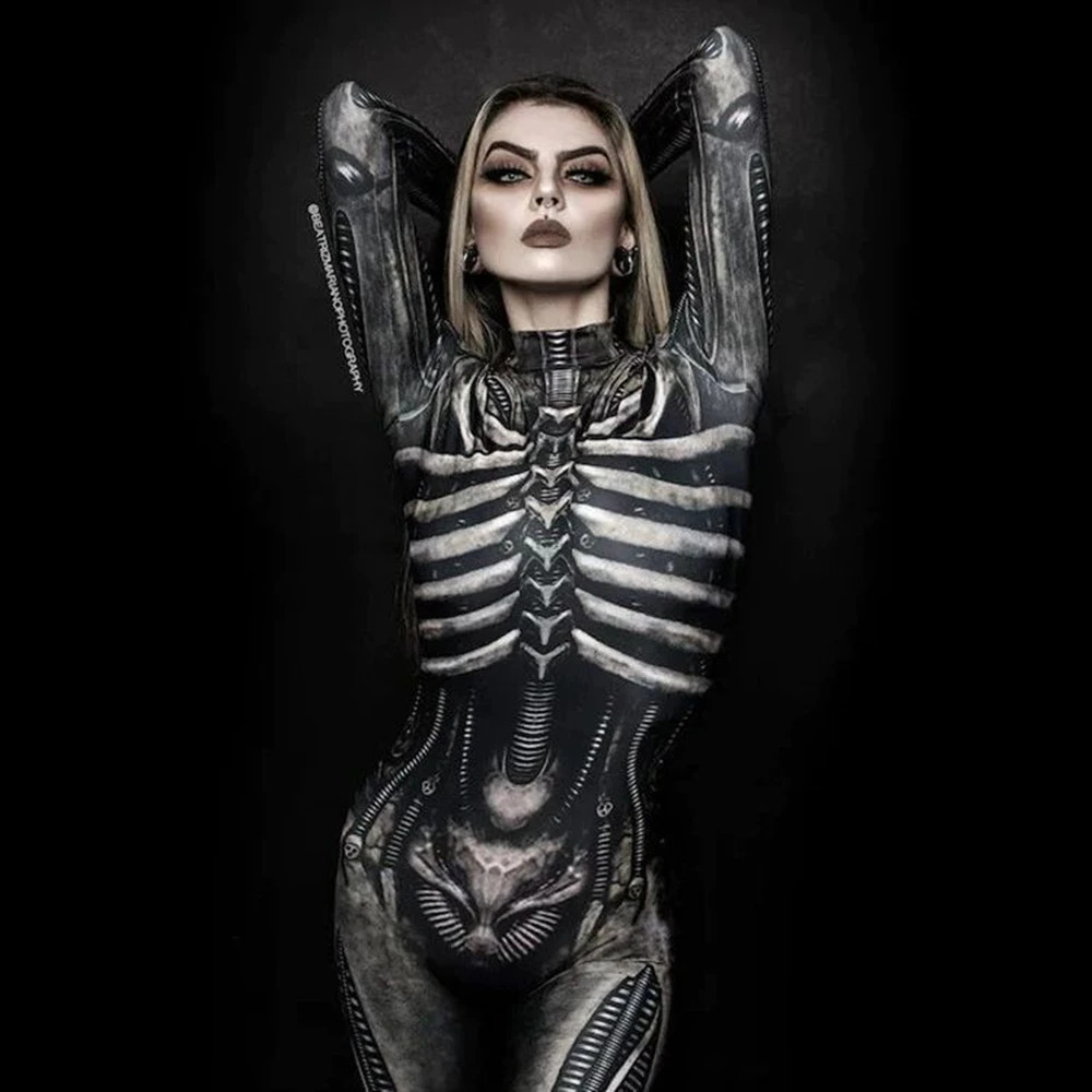 Horror cosplay skeleton jumpsuit Halloween costume ultra-thin Humen body female Zentai skeleton tight suit carnival dress up party 240824