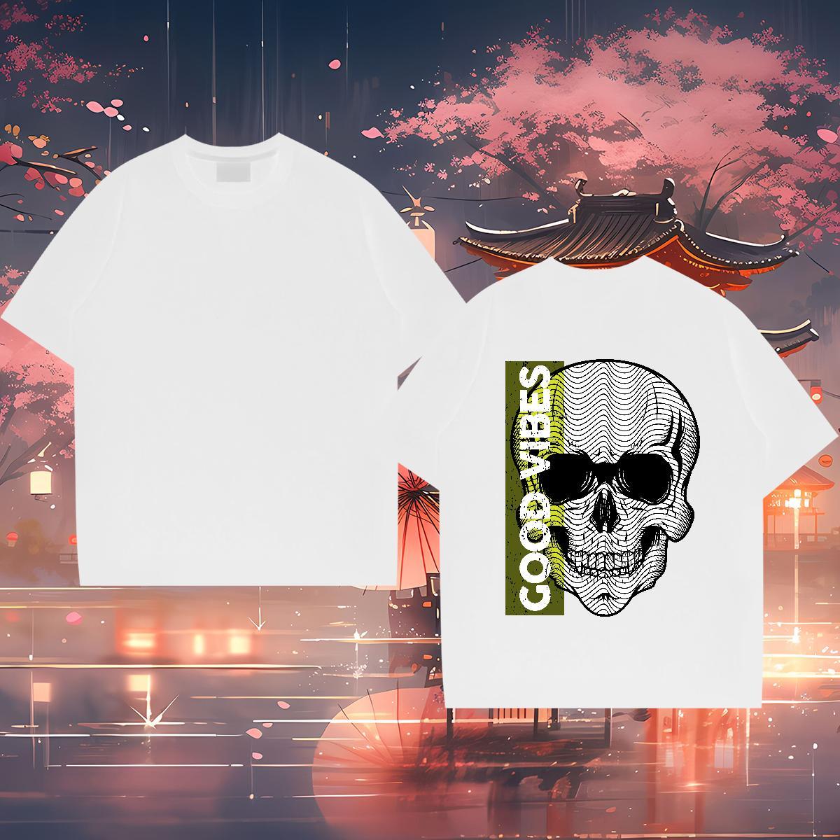 High Quality T shirt 230g 100% Cotton skull High Street Hip Hop Floral Print Round Neck Short Sleeve Men Tshirts Free Shipping Tee Shirt