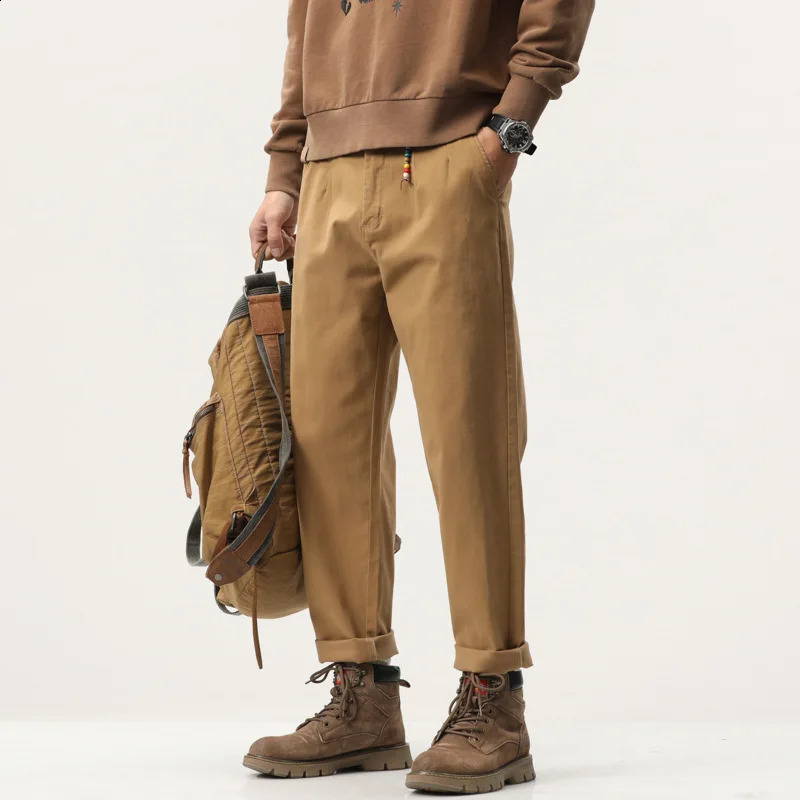 Spring and Autumn Mens Solid Color Casual American Work Pants Cotton Loose Straight Leg Wide 240823