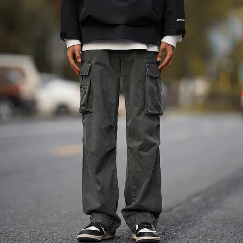 Mens cargo pants brown mens Trouser multi pocket wide straight large size n conventional suitable for aesthetic expressions 240823