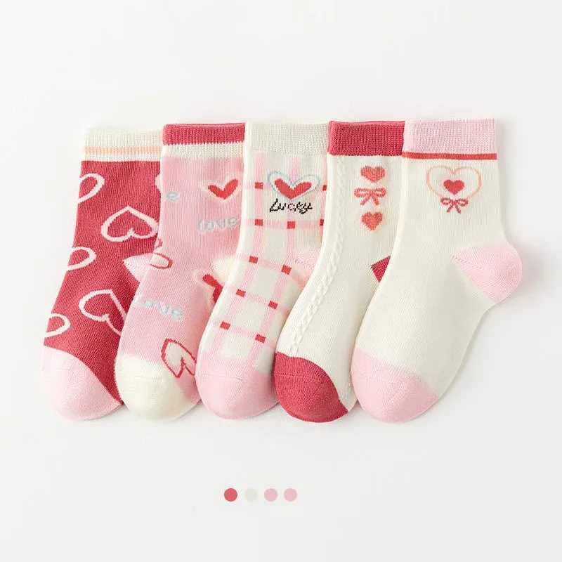 5 Pairs/Lot Kids Soft Cotton Socks Korean Love Heart Flower Print Baby Girl Socks Autumn Winter Warm Children Middle Tube Socks CL240824