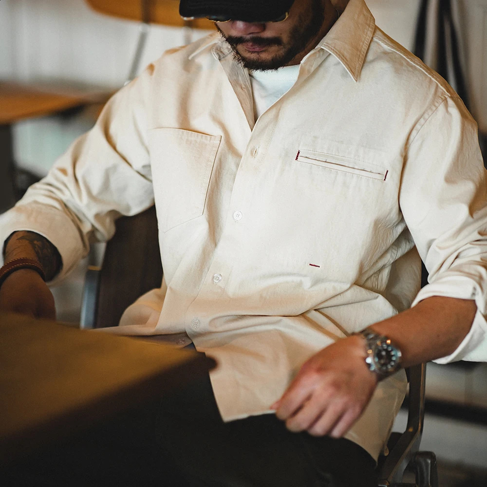 Maden Workwear American Retro Polo Collar Cotton Seed Shell Long Sleeve Shirt Folding Amekaji Shirt Coat Mens Top 240824