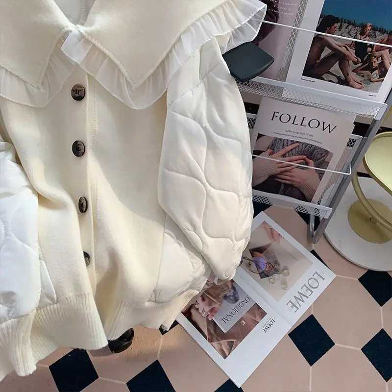 Women's Down Parkas KUSAHIKI Causal Peter Pan Collar Sweater Patchwork Winter Jacket Women Parka Coat Causal Long Slve 2023 New Cardigan Jackets 