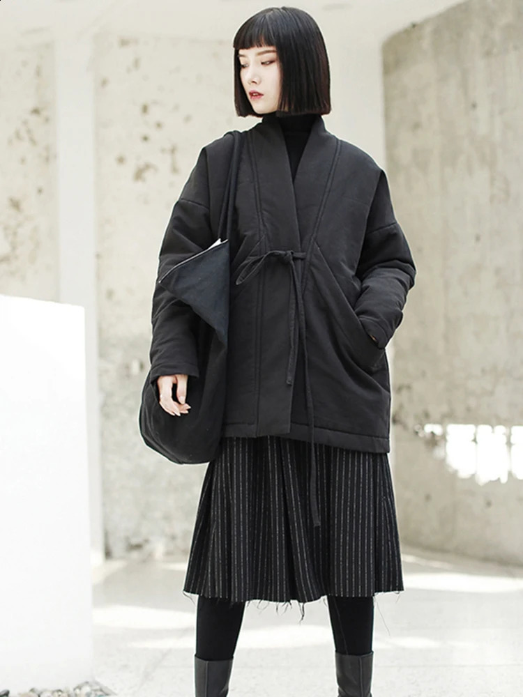 EAM Spring Vneck Long Sleeve Black Loose Short Bandage Cotton Pad Large Size Coat Womens Fashion JK133 240823