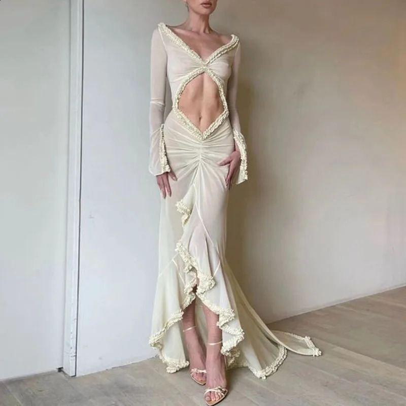 Beach Vacation Sexy Mesh Sheer Women Dress Ruffles Lace Ruched Bodycon Maxi Dress Elegant Hollow V-Neck Splits Long Sleeve Dress 240823
