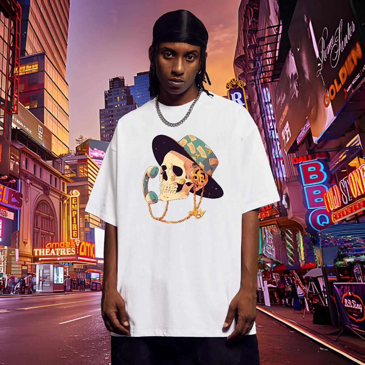 TOP Quality T-Shirts for Men 230g 100% Cotton skull Casual Asian Size Round Neck Short Sleeve Men Tshirts Fashion New Tees