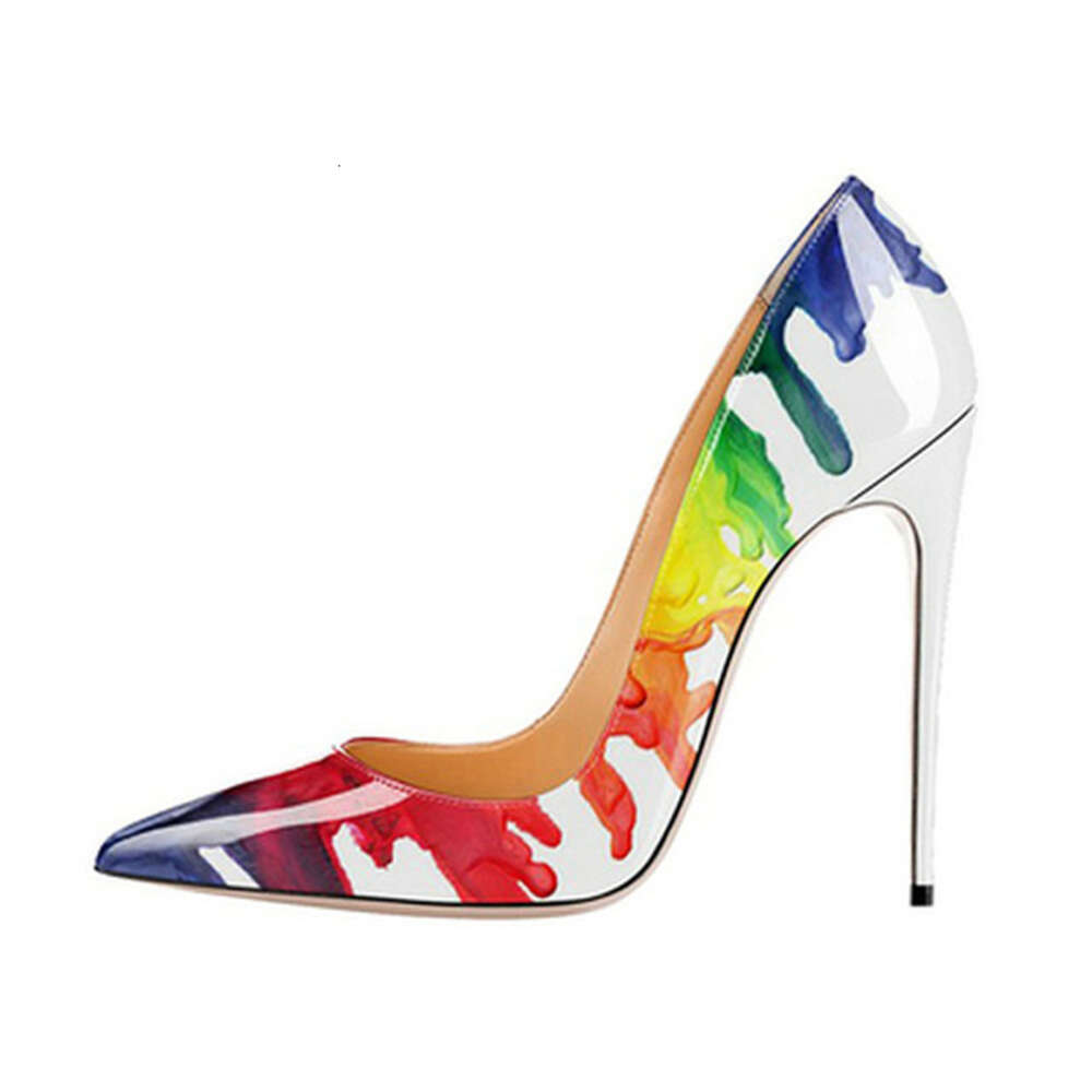 Woman Splash Watercolor Printed Leather Multicolor Dress Heels Wedding Pump Thin High Heeled Party Pointed Toe Shoes 241113