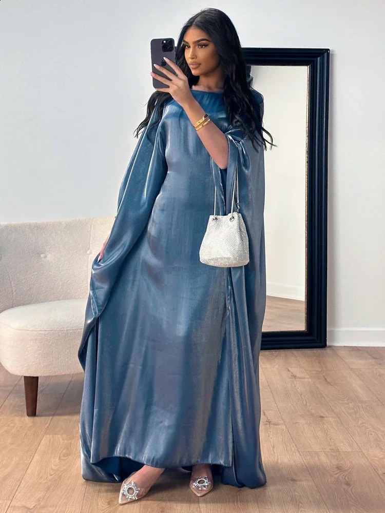 Tossy Autumn Loose Shiny Maxi Dress Womens Butterfly Batwing Long Sleeve Muslim Clothes Party Dress Solid Female Long Dress 240824