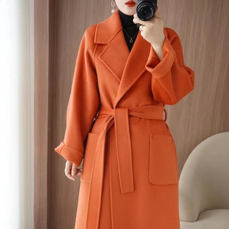 Womens 100% wool coat autumn and winter fashionable temperature double-sided cashmere coat with elegant long coat 240824