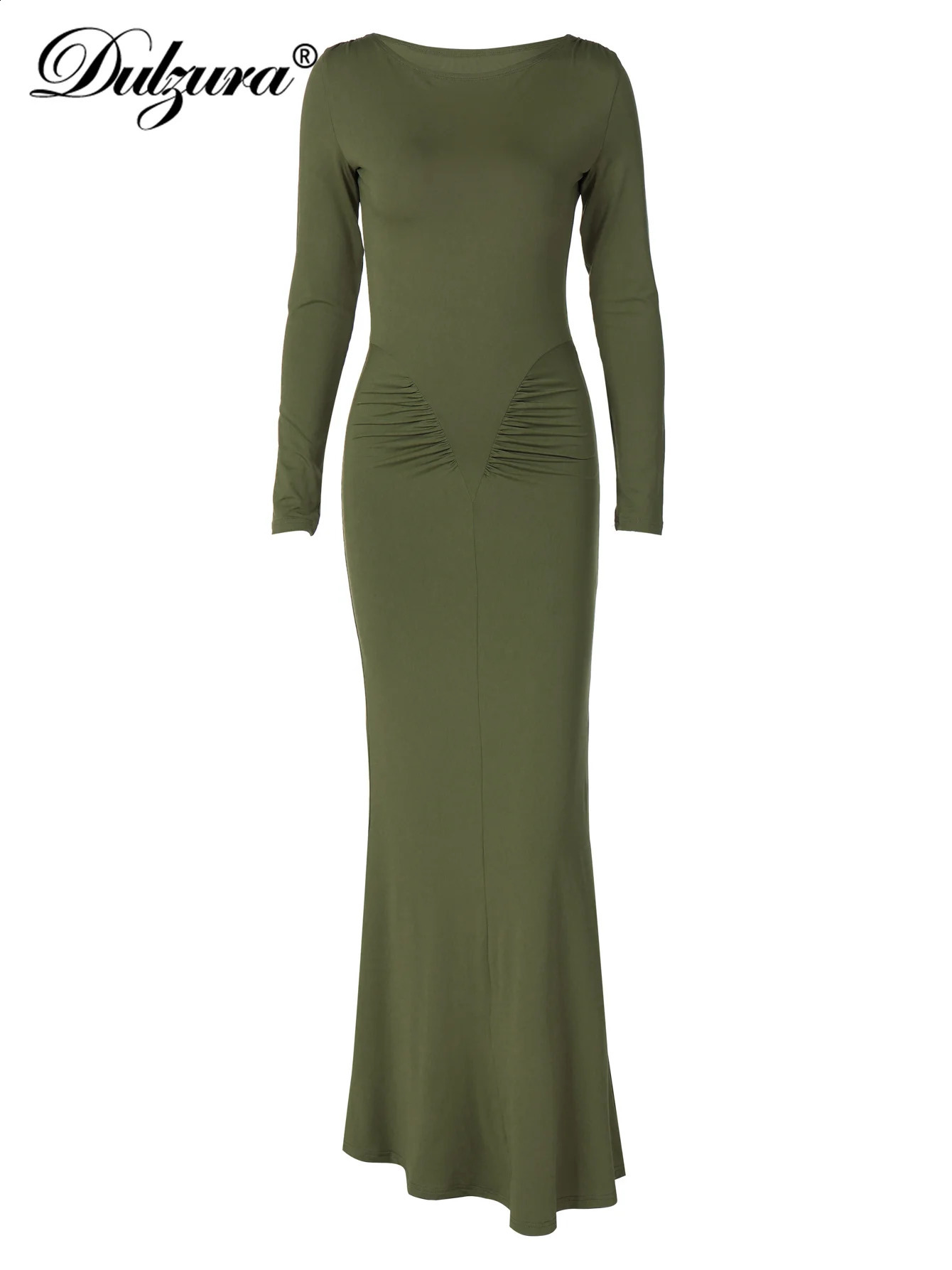 Dulzura Elegant Solid Maxi Dress Long Sleeve Bodycon Ruched Women Clothes Lady Cocktail Evening Party Dresses Y2K Wholesale 240823
