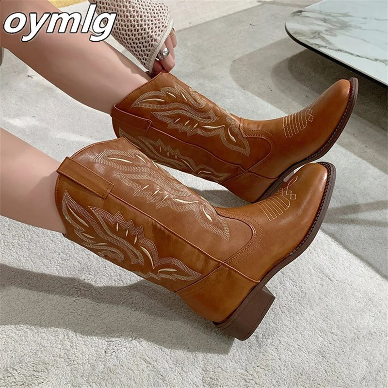 2024 Coarse Heel Western Cowboy Boots V-neck Embroidered Sleeve Knight Boots Retro Middle Hat Square Head Womens Boots 240823