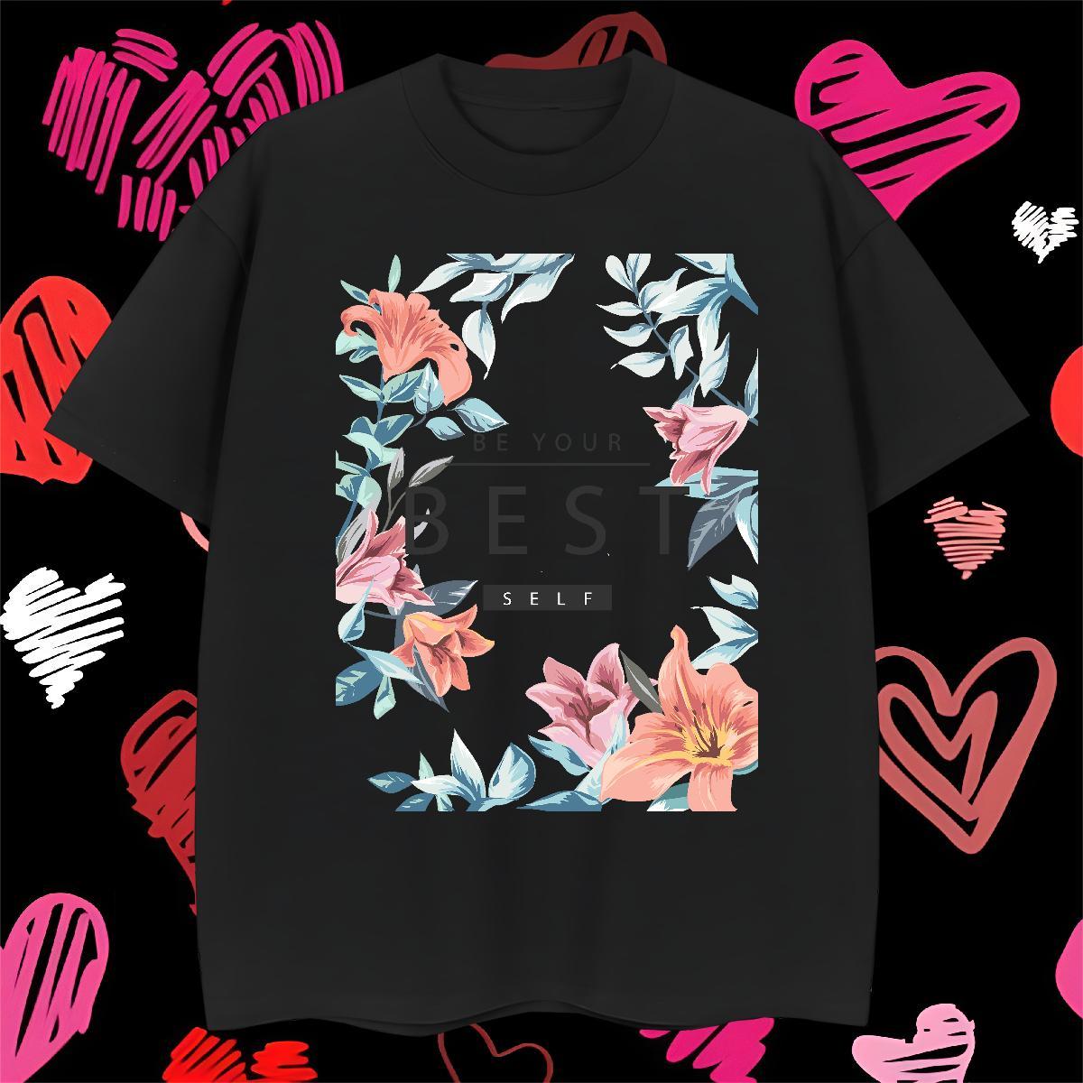 2024 Summer Men Clothes T-Shirt flower Casual 230g Cotton Tops Breathable Short Sleeve Brand Mens T Shirts Black White