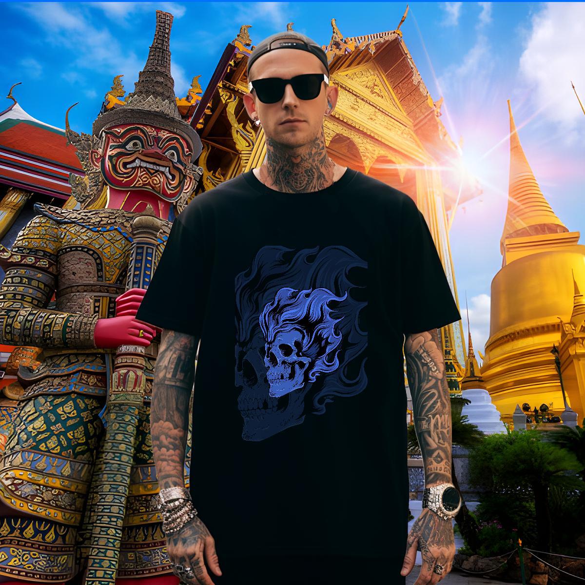 Loose T-Shirts 230g 100% Cotton skull Casual Beach Customized Print Round Neck Short Sleeve Mens Tshirts 2024 New Tees Shirts