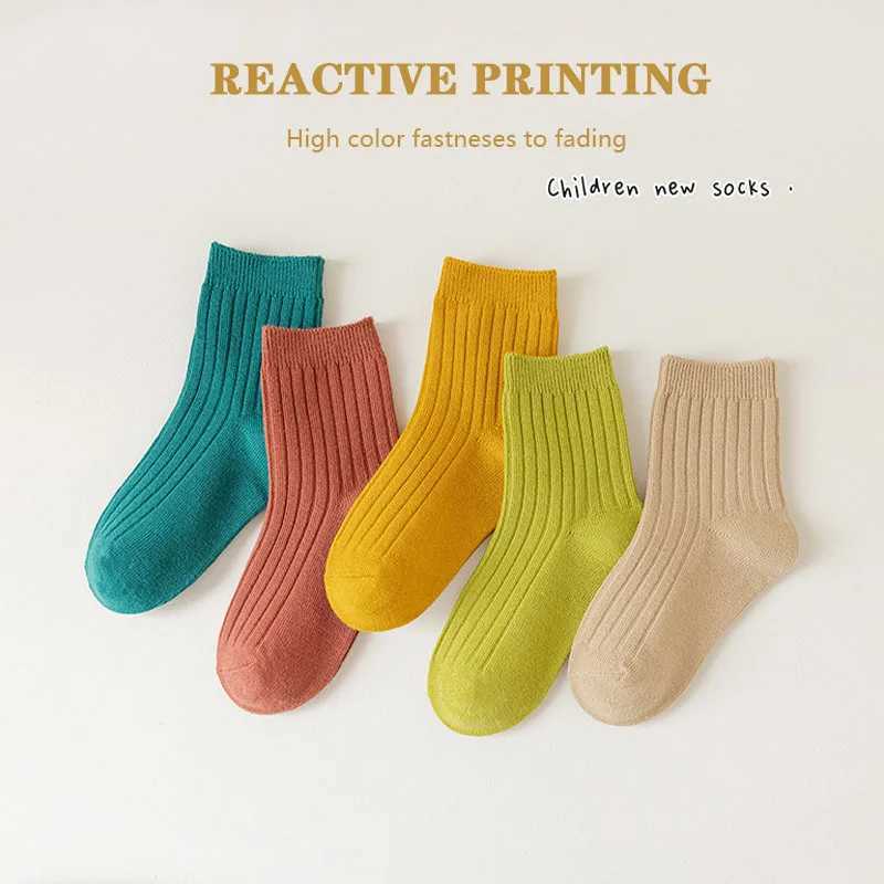 5 Pairs/Lot ChildrenS Socks Set Solid Color Double Needle Cotton Kids Mid-Tube Socks Candy Color Boys And Girls Student Socks CL240824