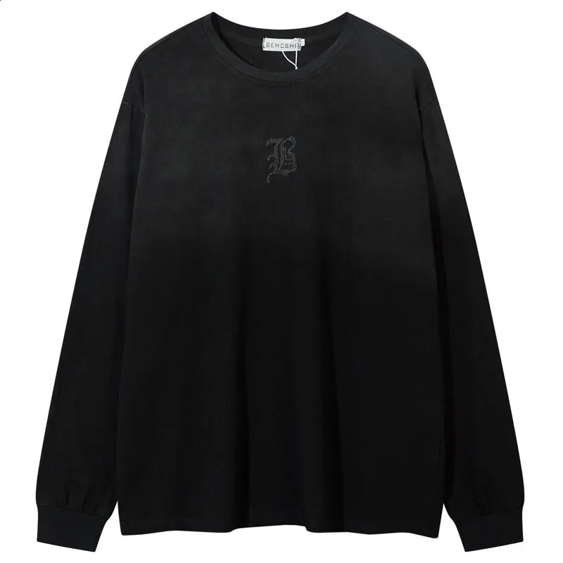 Vintage oversized shirt Y2K embroidered tie dye washed Tshirt streetwear hiphop punk gothic pocket cotton long sleeved 240823