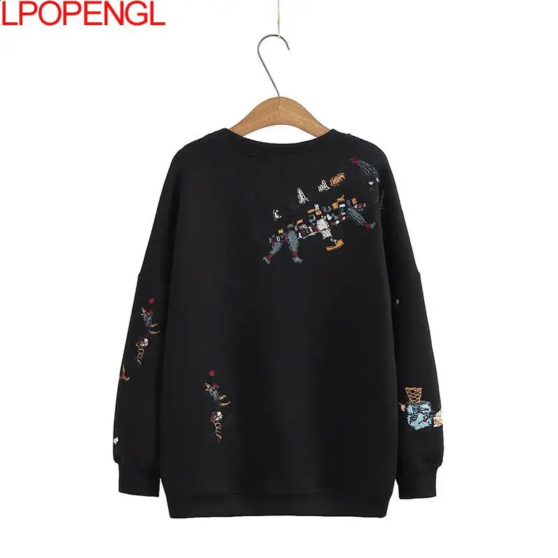 Harajuku Sweatshirt Women Autumn Winter Fashion Casual Stitch-embroidered Long-sleeved O- Neck Breathable Hoodie Top 240824