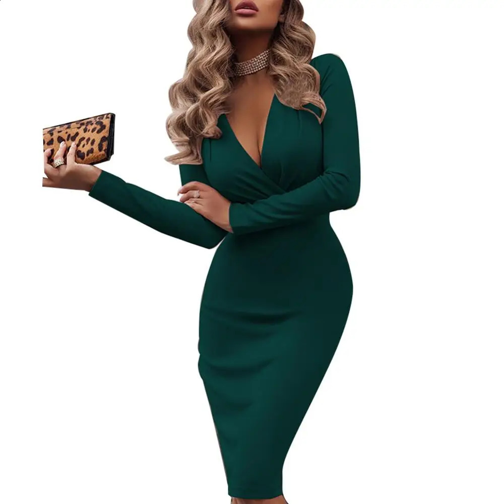 Fashion Lady Solid Color Long Sleeve Cross V Neck Bodycon Banquet Midi Dress Women Sexy Elegant Club Party Dress 240823
