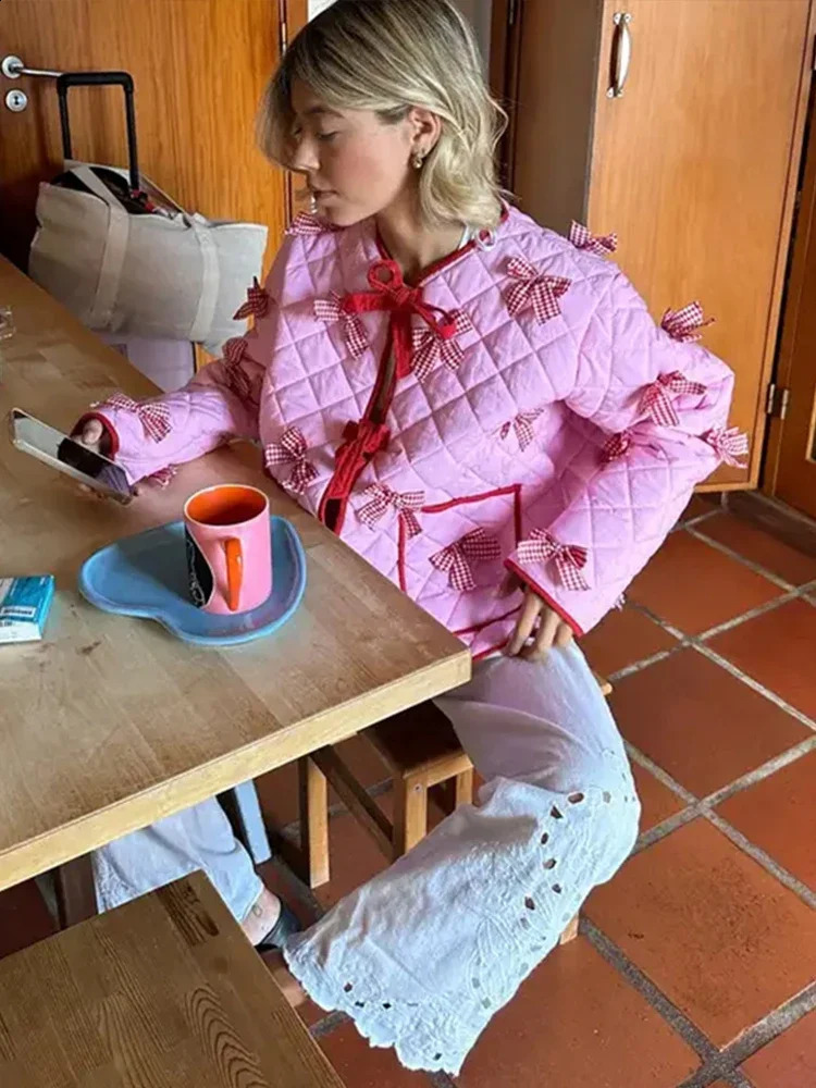3D bow lace bedding coat autumn fashionable thick Oneck long sleeved pocket womens street warm jacket 240823