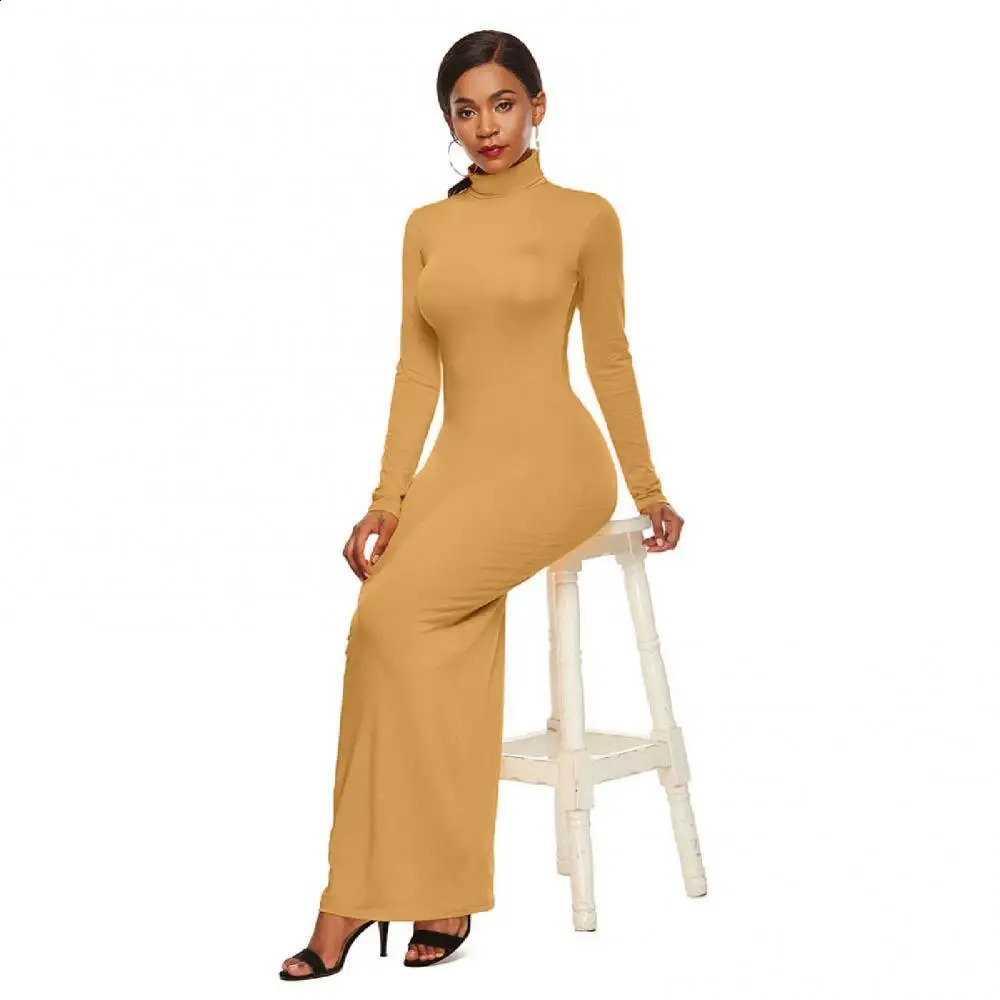 Women Long Dresses Plus Size Party Solid Color Women Long Sleeve Turtleneck Bodycon Dress Maxi Vestidos S-5XL 240823