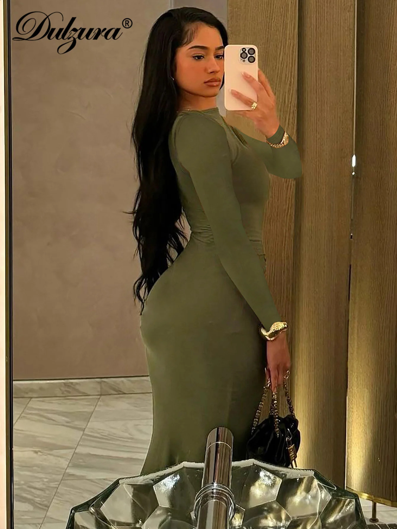 Dulzura Elegant Solid Maxi Dress Long Sleeve Bodycon Ruched Women Clothes Lady Cocktail Evening Party Dresses Y2K Wholesale 240823