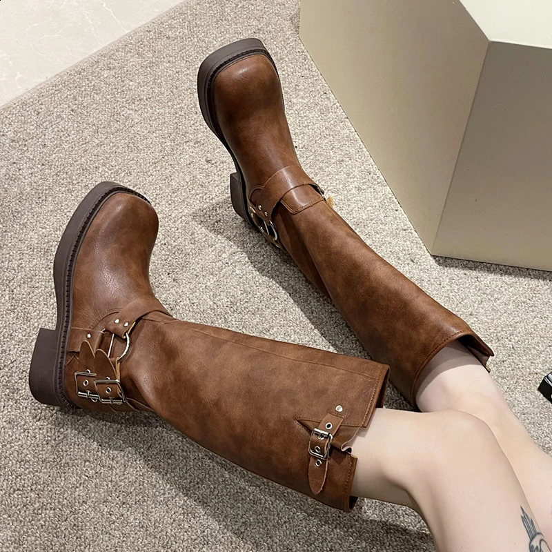 Retro button denim womens Western style boots Suqare toe platform knee high boots womens PU leather mid length Botas De Mujer 240823