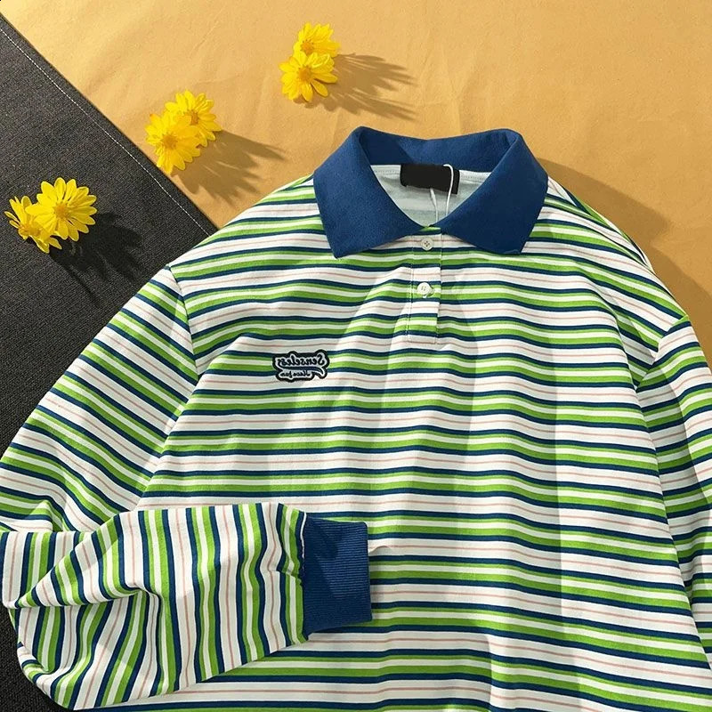 Striped long-sleeved polo shirt spring autumn vibe vintag blouse student Korean Preppy sweat men women lapel 240824