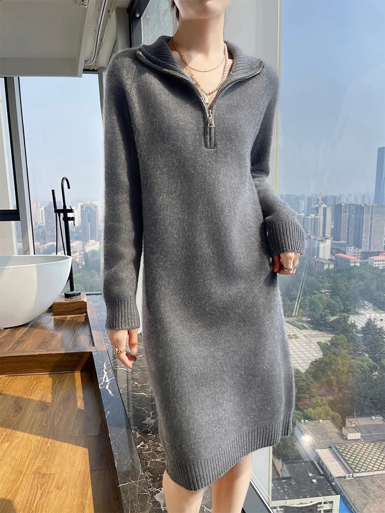 Fall/winter lapel 100 wool long solid color dress womens loose over-the-knee wool long-sleeved knitted bottoming skirt 240824