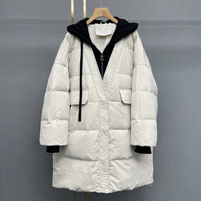 Schinteon womens white duck down jacket oversized autumn and winter warm casual with hood twopiece patch 240823