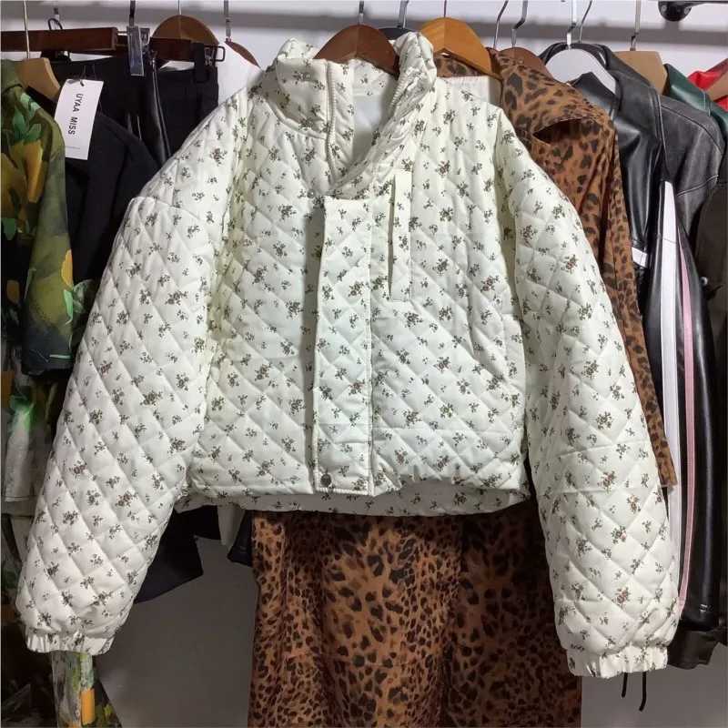Womens Down Parkas Floral print Swt chic winter jacket 2024 new vertical collar zipper fashionable cotton jacket casual loose warm casual womens cloth