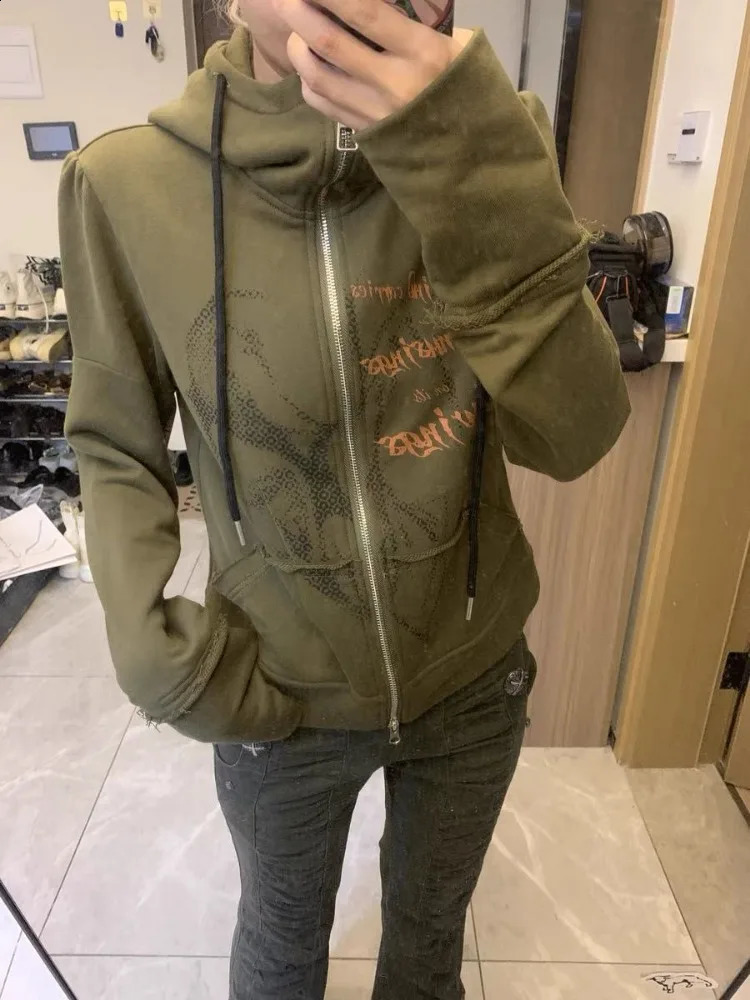 Olive Green Letter Print Hoodies Casual Streetwear Double Zippers Grunge Coats Vintage Y2k Aesthetic Women Loose Sweatshirts 240824